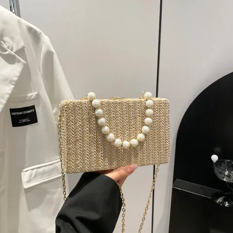 Damen Stroh Gewebte Umhängetasche Mit Künstliche Perlengriff Goldkette Gestreifte Kleine Quadratische Schultertasche Strandurlaub Tasche