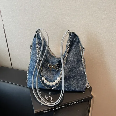 Women Denim Tote Bag Y2K Butterfly Pearl Chain Shoulder Bag Large Capacity Versatile Backpack Solid Color Washed Jeans Fabric Bag