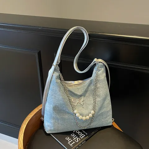 Women Denim Tote Bag Y2K Butterfly Pearl Chain Shoulder Bag Large Capacity Versatile Backpack Solid Color Washed Jeans Fabric Bag