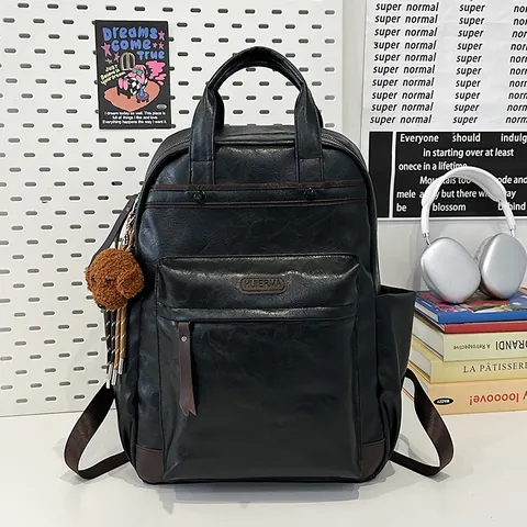 Vintage PU Faux Leather Backpack Large Capacity Minimalist School Bag For Women Men Casual Travel Daypack With Bear Charm