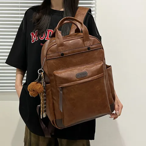Vintage PU Faux Leather Backpack Large Capacity Minimalist School Bag For Women Men Casual Travel Daypack With Bear Charm