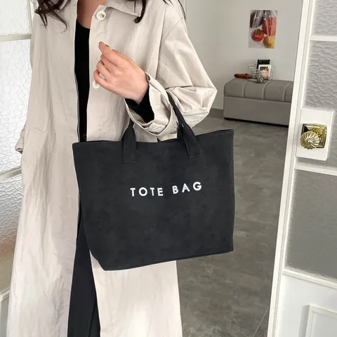 Large Capacity Faux Suede Tote Bag For Women Minimalist Solid Color Shoulder Bag Commuting Letter Print Handbag