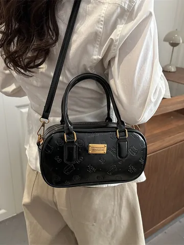 Borsa a Mano Boston da Donna in Pelle PU Motivo Gatto Fiocco Goffrato Borsa a Tracolla Con Targhetta Metallica Regolabile