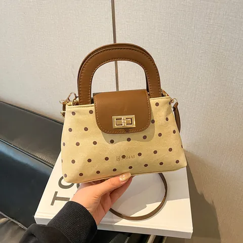 Vintage Polka Dot PU Leather Shoulder Bag For Women Retro Mini Square Handbag With Twist Lock Handle Crossbody Bag Khaki Brown