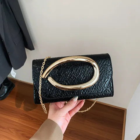 Mode PU Leer Kleine Vierkante Tas Met Grote Gouden Metalen Ring Handvat Hagedis Krokodil Patroon Ketting Crossbody Clutch