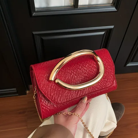 Mode PU Leer Kleine Vierkante Tas Met Grote Gouden Metalen Ring Handvat Hagedis Krokodil Patroon Ketting Crossbody Clutch