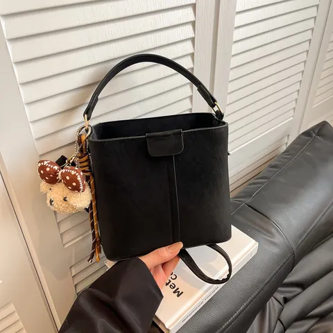 Women Retro Suede Bucket Bag With Bear Pendant Vintage Minimalist Crossbody Shoulder Bag Small Designer Handbag For Daily Use