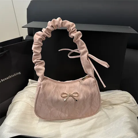 Mode Damen Schleife Plissee Umhängetasche Französisch Vintage Geraffter Griff Unterarmtasche Gold Schleife Metall Dekor Elegante Hobo Tasche