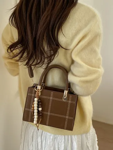 Women Retro Plaid PU Leather Tote Bag Large Capacity Grid Stitching Shoulder Bag Minimalist Fashion Crossbody Bag With Bead Pendant