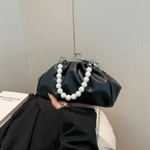 Borsa a Nuvola Plicsettata da Donna Con Grande Manico di Künstliche Perle Borsa a Spalla in Catena di Pelle PU Clutch da Sera Handbag per Feste