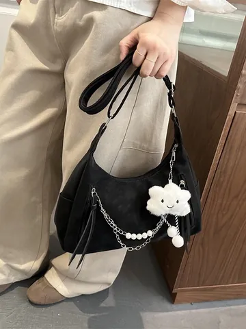 Damen Nylon Schultertasche Große Kapazität Hobo Tasche Mit Künstliche Perlen Metallkette Wolken Anhänger Casual Umhängetasche Für Den Alltag