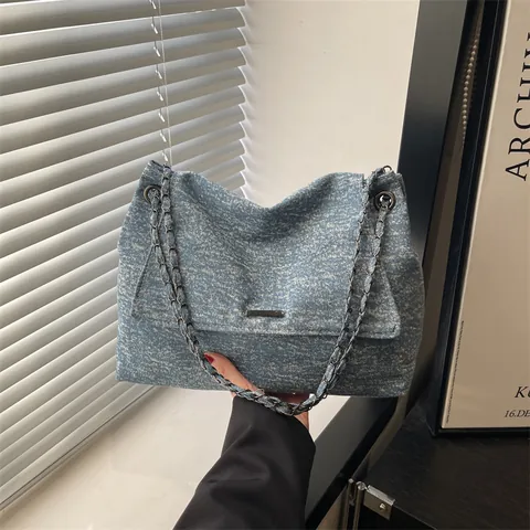 Women Casual Denim Tweed Large Capacity Tote Bag Minimalist Chain Shoulder Bag Urban Commuter Underarm Bag Fashion Handbag