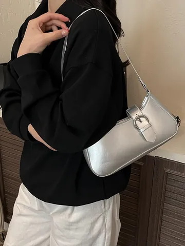 Women Fashion PU Leather Underarm Shoulder Bag With Metal Buckle Minimalist Solid Color Commuter Handbag For Ladies