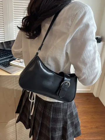 Women Fashion PU Leather Underarm Shoulder Bag With Metal Buckle Minimalist Solid Color Commuter Handbag For Ladies