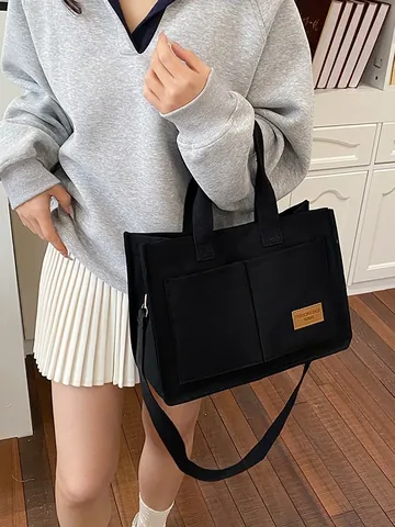 Women Casual Canvas Tote Bag Large Capacity Commuting Handbag With Front Pockets Shoulder Crossbody Bag