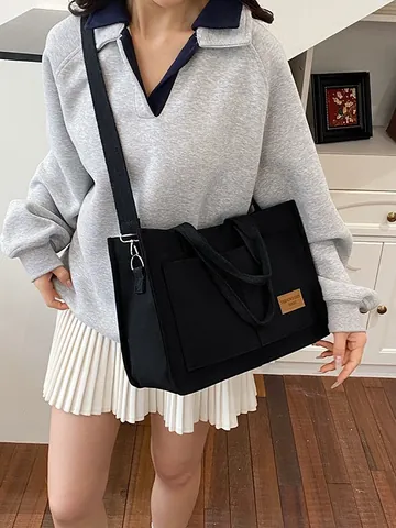 Women Casual Canvas Tote Bag Large Capacity Commuting Handbag With Front Pockets Shoulder Crossbody Bag