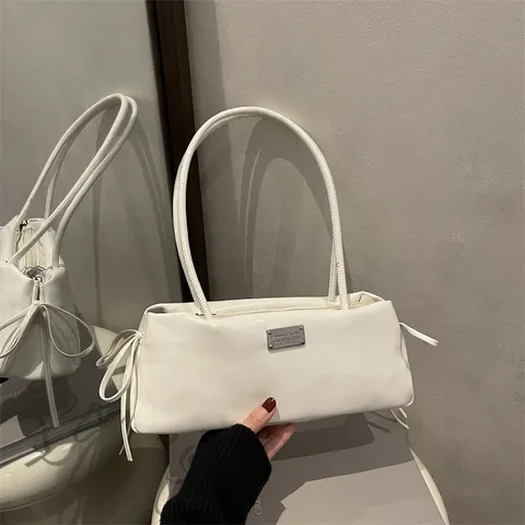 Fashion Glossy PU Leather Underarm Bag Women Vintage Simple Baguette Shoulder Bag With Bow Tie Metal Plate Commuter Tote Bag