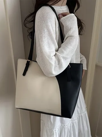 Women Large Capacity PU Leather Tote Bag Color Block Minimalist Shoulder Bag Commuting Office Casual Handbag Gift