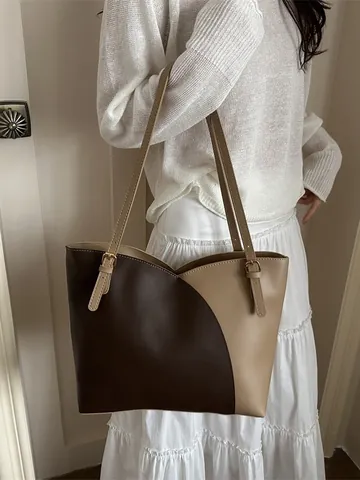 Women Large Capacity PU Leather Tote Bag Color Block Minimalist Shoulder Bag Commuting Office Casual Handbag Gift