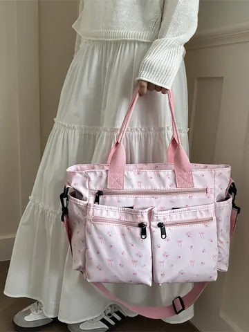 Dames Bloemen Meerdere Zakken Tote Bag Grote Capaciteit Waterdicht Nylon Schoudertas Zoete Strik Print Crossbody Tas Voor Dagelijks Reizen