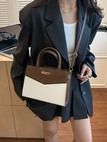 Bolso De Mano De Moda Para Mujer Color De Contraste Cuero De PU Acolchado En V Bandoulière Bolso Cuadrado Pequeño Bolso De Trabajo