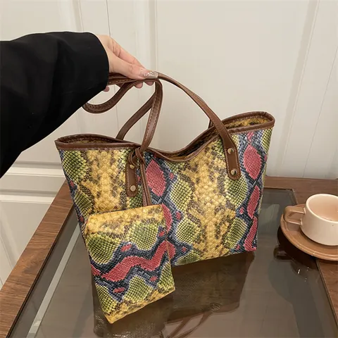 Women Snake Skin Print Tote Bag And Pouch Large Capacity PU Leather Handbag Urban Minimalist Fashion Shoulder Bag Handheld Bag