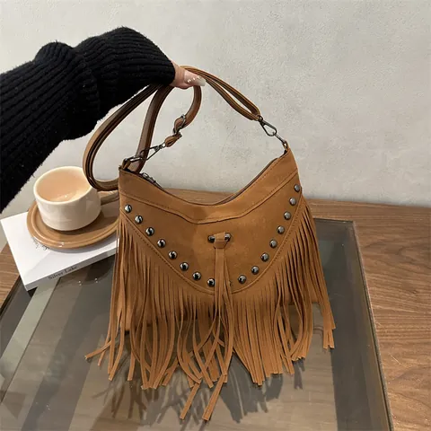 Bolso Bandolera Vintage Bohemio Para Mujer Con Flecos Borlas Cuero Sintético De Gamuza Bolso De Hombro Remaches Metálicos Correa Ajustable Hobo