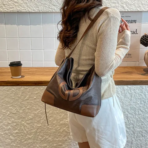 Women Vintage PU Leather Large Capacity Tote Bag Retro Hobo Shoulder Bag Casual Litchi Pattern Crossbody Bag Fashion
