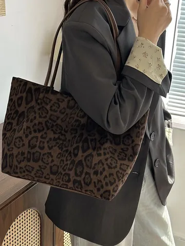 Borsa Tote in Finta Scamosciata Vintage con Stampa Leopardata Grande Capacità per Donna Borsa a Spalla Casual con Fibbia Magnetica Borsa da Pendolare