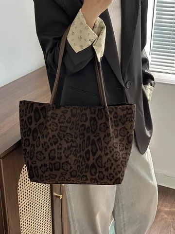 Borsa Tote in Finta Scamosciata Vintage con Stampa Leopardata Grande Capacità per Donna Borsa a Spalla Casual con Fibbia Magnetica Borsa da Pendolare