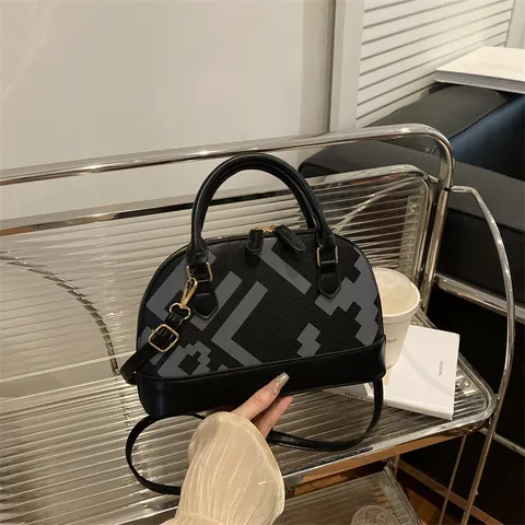 Damen Vintage Geometrischer Druck PU Leder Muschel Tasche Urban Minimalistisch Handtasche Verstellbarer Gurt Gold Metallbeschläge Umhängetasche