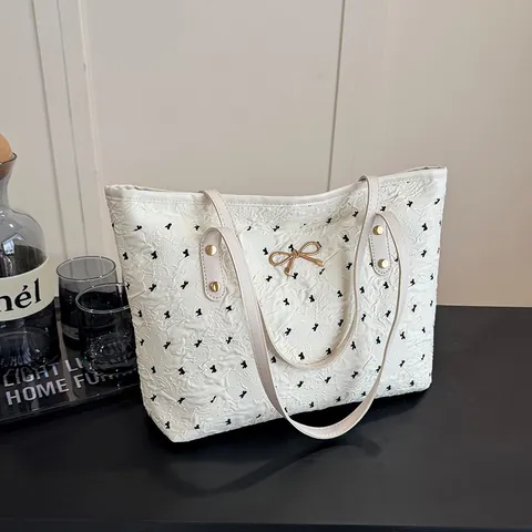 Bolso Tote para Mujer Gran Capacidad Textura Arrugada Estampado de Lazo Bolso de Hombro Cierre de Lazo Dorado Moda