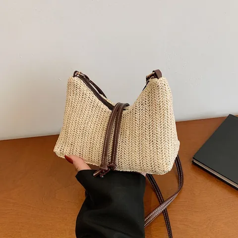 Sommer Stroh Web Schultertasche Für Damen Strand Urlaub Umhängetasche Mit Reißverschluss Casual Achsel Tasche Kleine Handtasche