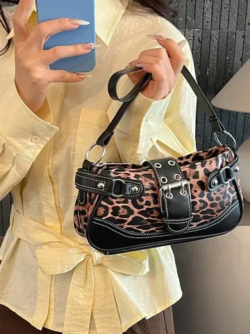 Vintage Leopard Print Underarm Bag For Women PU Leather Suede Stitching Rivet Belt Buckle Y2K Style Fashion Shoulder Bag