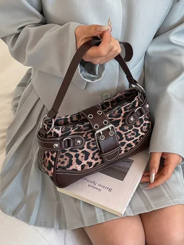 Vintage Leopard Print Underarm Bag For Women PU Leather Suede Stitching Rivet Belt Buckle Y2K Style Fashion Shoulder Bag