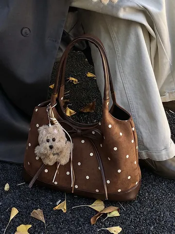 Women Polka Dot Tote Bag Retro Suede PU Leather Shoulder Bag Large Capacity Handbag With Bow And Plush Charm