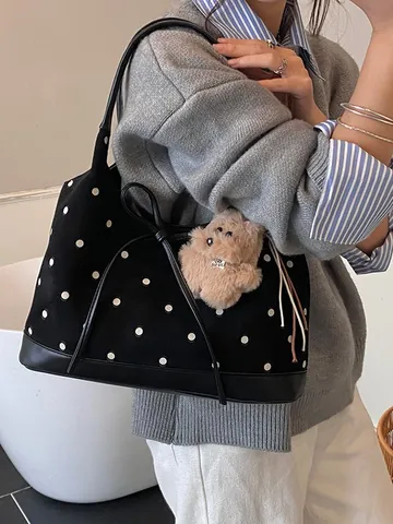 Women Polka Dot Tote Bag Retro Suede PU Leather Shoulder Bag Large Capacity Handbag With Bow And Plush Charm