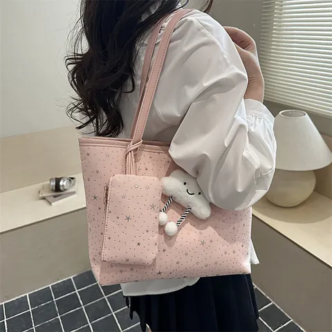 Women Star Print Tote Bag Large Capacity Shoulder Bag With Small Pouch And Cloud Pendant Fashion Casual Handbag