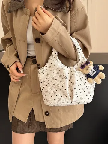 Borsa a Mano Dolce in Stile Coreano con Fiocco Floreale Borsa Tote in Tessuto a Bolle Seersucker Leggera per Donna