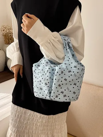 Borsa a Mano Dolce in Stile Coreano con Fiocco Floreale Borsa Tote in Tessuto a Bolle Seersucker Leggera per Donna