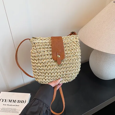 Dames Handgeweven Strorieten Crossbody Tas Mori Stijl Papieren Touw Emmer Tas Zomer Strand Schoudertas Met PU Leren Flap