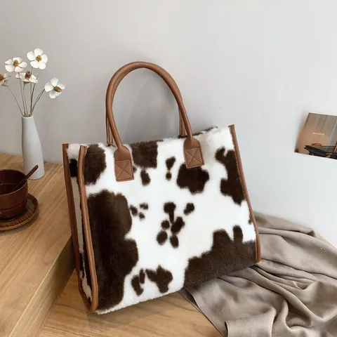 Women Plush Faux Fur Leopard Cow Print Tote Bag Large Capacity Casual Shoulder Bag Autumn Winter Fashion Handbag