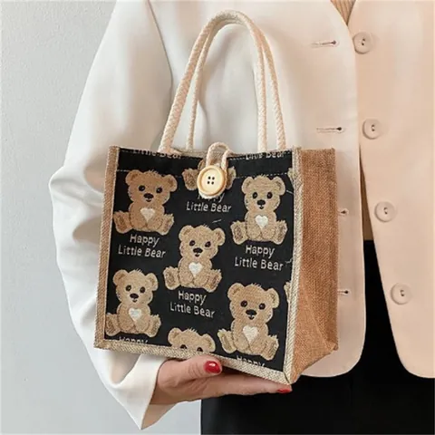 Women Cute Bear Printed Linen Canvas Tote Bag Japanese Style Casual Small Handbag With Rope Handle Burlap Shopping Bag