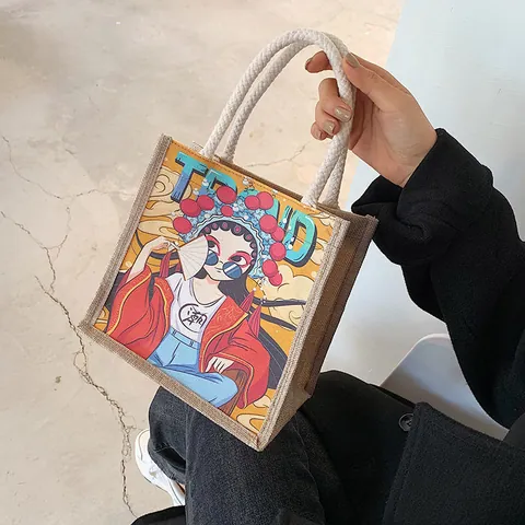 Artistieke Jute Linnen Handtas Cartoon Peking Opera Print Mini Tote Bag Dagelijks Casual Shopping Lunchtas Mode Vrouwen Tas