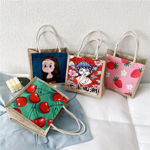 Women Fashion Canvas Jute Tote Bag With Cotton Rope Handle Cartoon Print Mona Lisa Chinese Style Fruit Pattern Handbag Lunch Bag