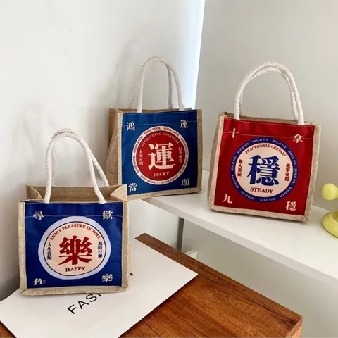 Borsa Tote in Iuta in Stile Giapponese Vintage per Donna Manici in Corda di Cotone Stampa Slogan Borsa a Mano in Tela Shopping