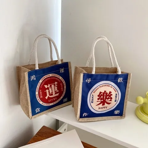 Borsa Tote in Iuta in Stile Giapponese Vintage per Donna Manici in Corda di Cotone Stampa Slogan Borsa a Mano in Tela Shopping