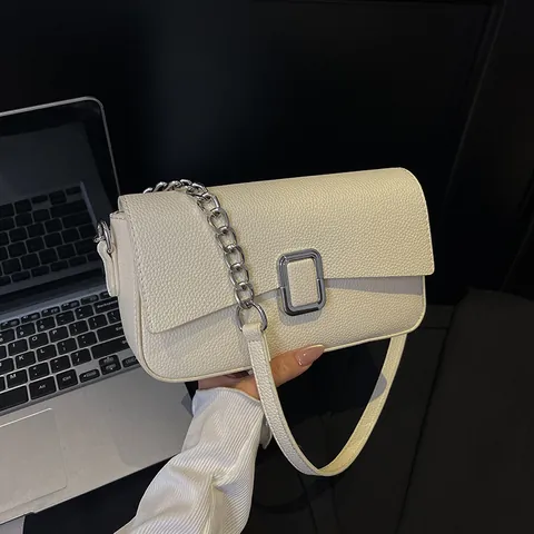 Women PU Leather Underarm Bag Korean Litchi Texture Square Crossbody Bag Silver Buckle Chain Daily Shoulder Bag