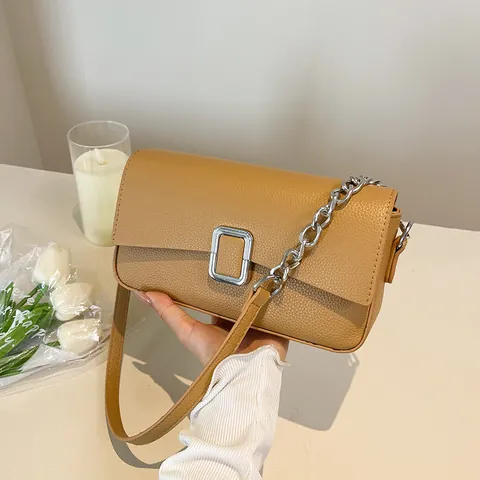 Women PU Leather Underarm Bag Korean Litchi Texture Square Crossbody Bag Silver Buckle Chain Daily Shoulder Bag