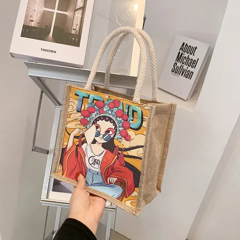 Women Casual Jute Canvas Tote Bag Fruit Character Printed Handbag With Cotton Rope Handle Summer Beach Shopping Bag Small